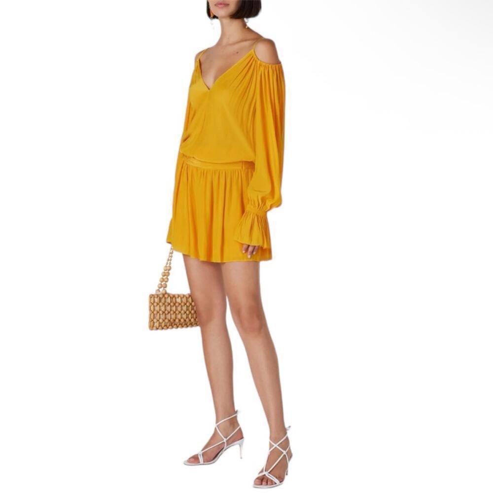Ramy Brook Evan Marigold Ruched Mini Dress Women’s Size 8 Long‎ Sleeve V Neck